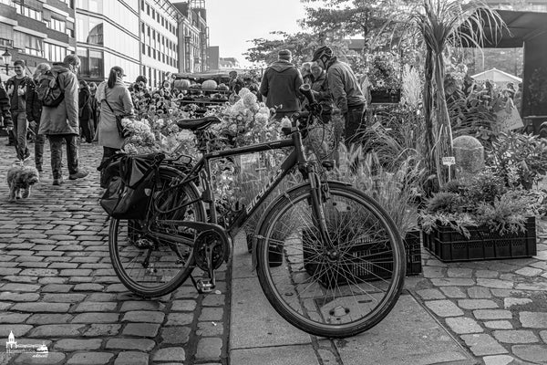 Fischmarkt Hamburg am Sonntagmorgen in Schwarzweiß mit Fahrrad und Marktbesuchern auf Kopfsteinpflaster.