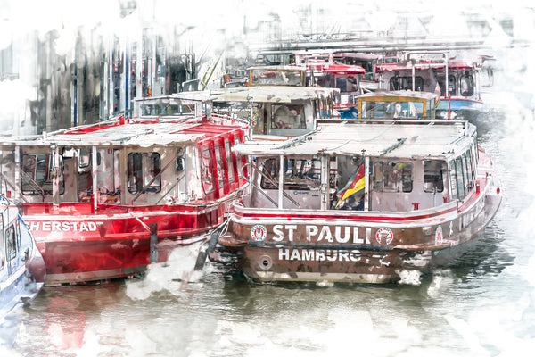 Aquarellartige Collage mit Hamburger Barkassen, vorn die ST. PAULI