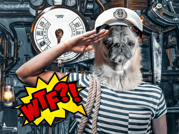 Collage mit einem Mops als Seemann vor Maschinentelegraf im Comicstil