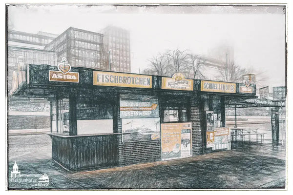 Künstlerische Zeichnung eines Fischbrötchen-Imbisses an den Landungsbrücken Hamburg