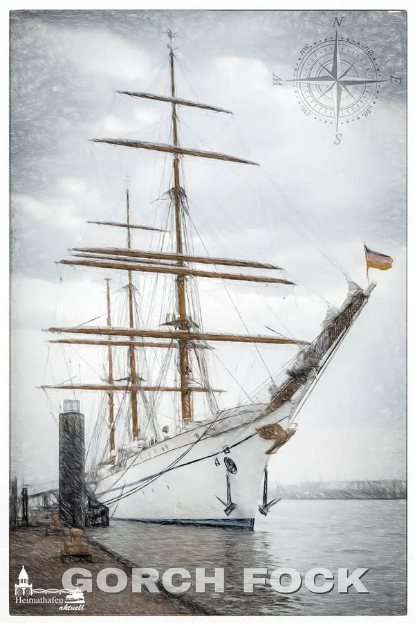 Segelschulschiff GORCH FOCK als künstlerische Illustration am Kai, mit Kompassrose im Hintergrund