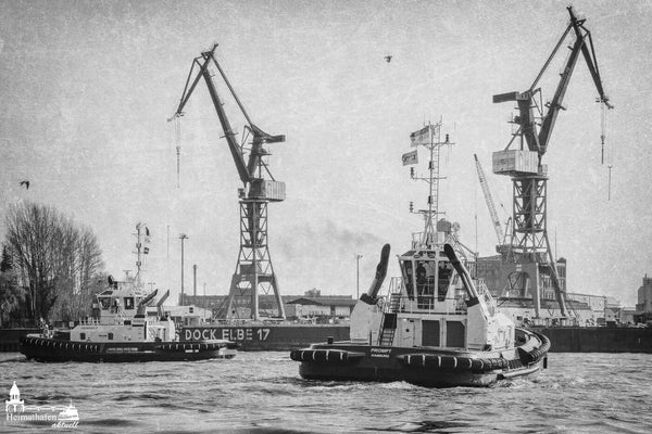 Hafenschlepper PERFECT und PROMPT vor Dock Elbe 17 in Schwarz-Weiß