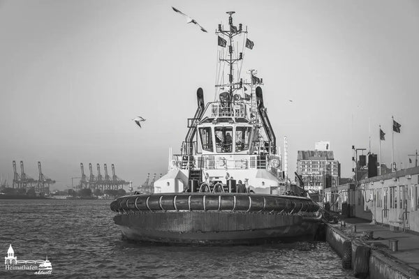 Hafenschlepper der Reederei KOTUG an Brücke 10 in Hamburg in Schwarz-Weiß